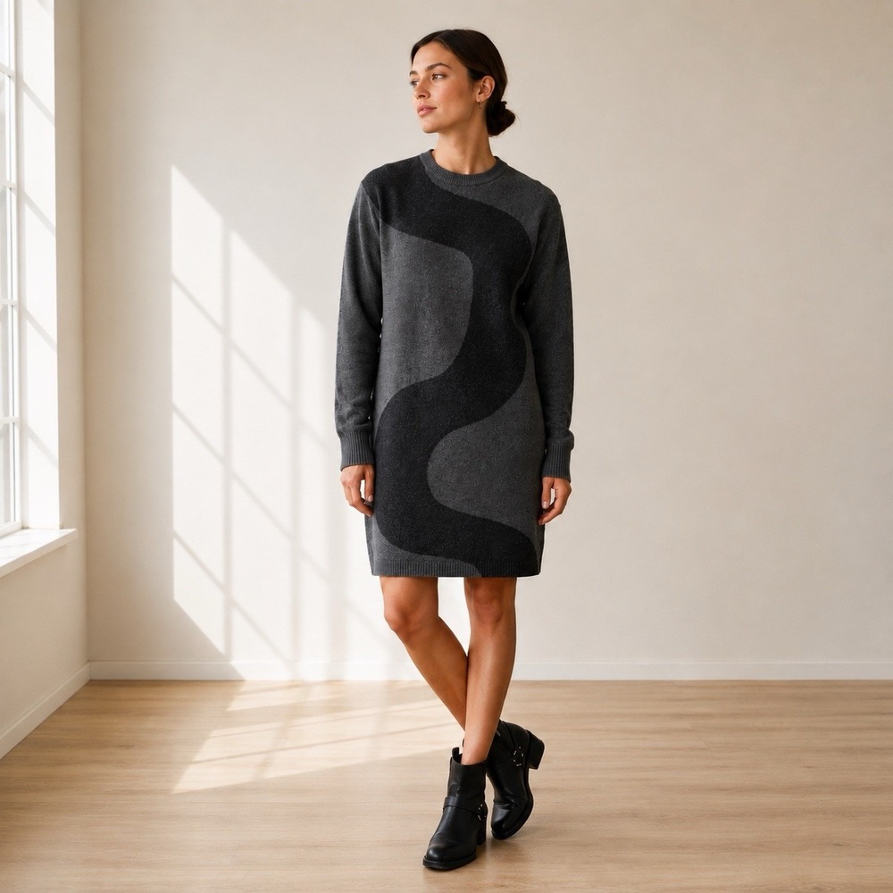 Uniqlo x Marimekko Sweater Dress Size M Grey Wool Graphic Crew Neck Minimalist